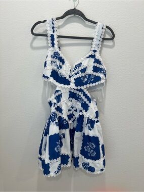 Blue and White Floral Lace Trim Mini Dress by Vintage Shop Size L